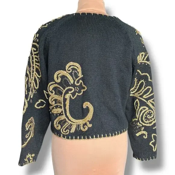 Vintage 90s Michael Simon Black Gold Metallic Embroidered Cropped Knit Cardigan - Picture 5 of 12